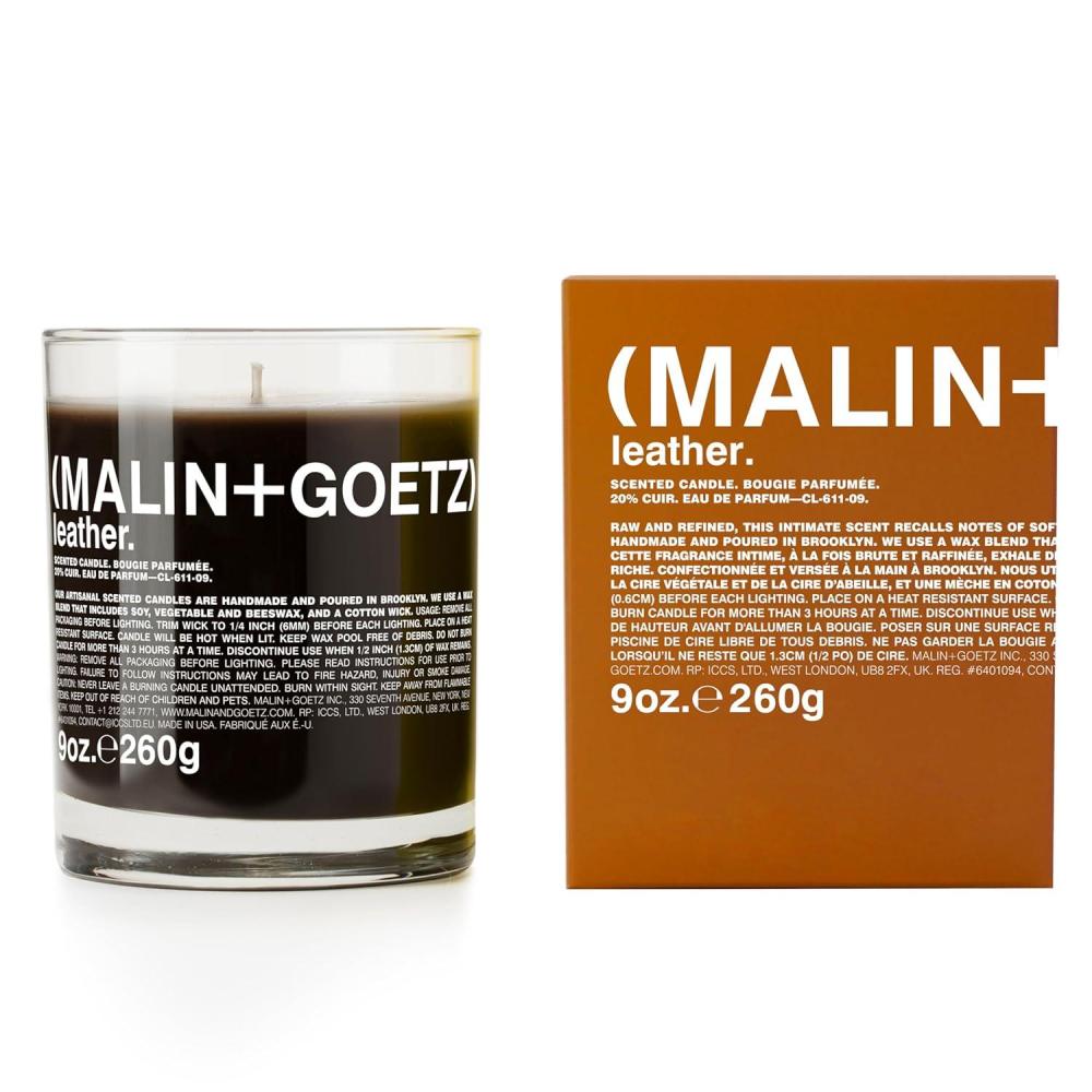 imageMalinGoetz Highly Scented Long Lasting Slow Burn All Natural Hand Poured Luxury Wax Blend Aromatic Candles and Gift Set 60 Hours 9ozLeather
